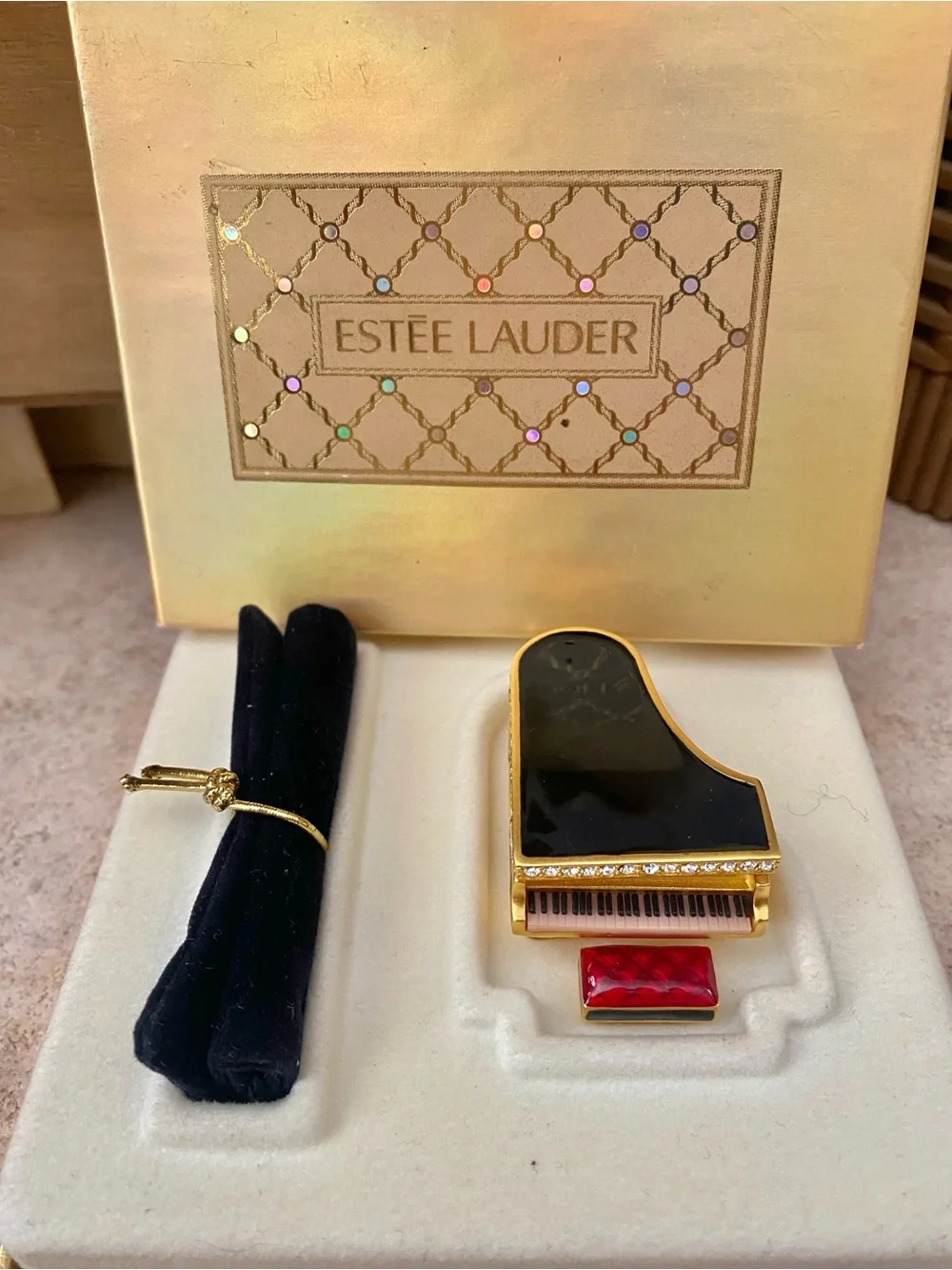 Vtg Estee Lauder BABY GRAND PIANO W/ BENCH Solid Perfume Compact, Box Bag NEW